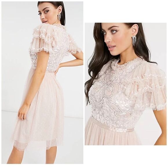 Needle & Thread embellished ruffle sleeve midi dress in blush nwt 6 - Picture 1 of 6